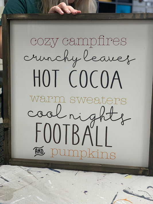 fall sign, diy, football, campfires, warm sweaters, pumpkins