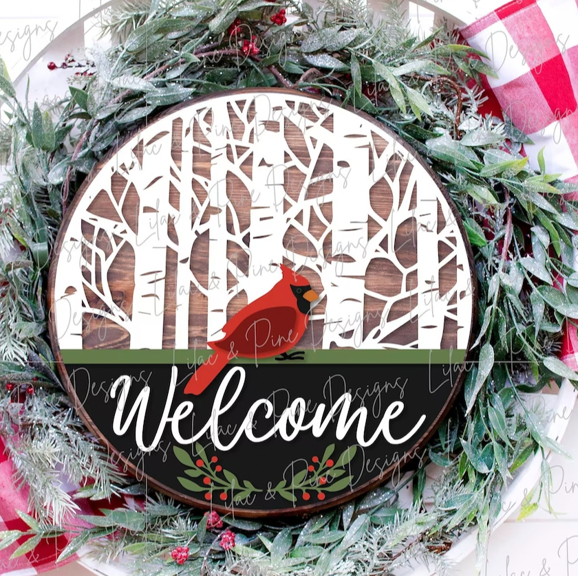 Welcome Cardinal in Birch Trees Door Hanger