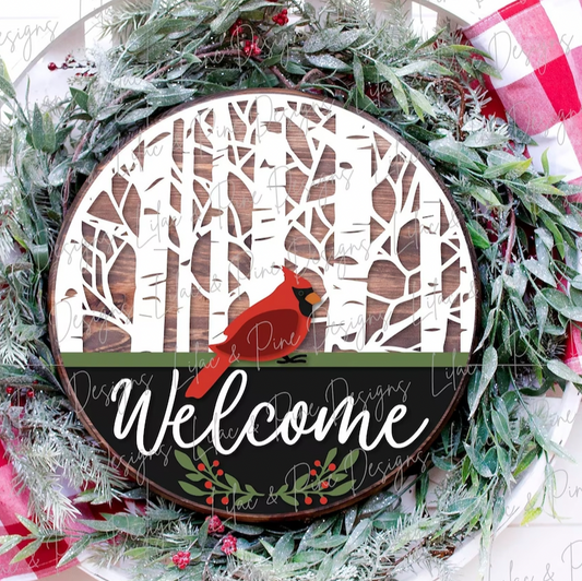 Welcome Cardinal in Birch Trees Door Hanger